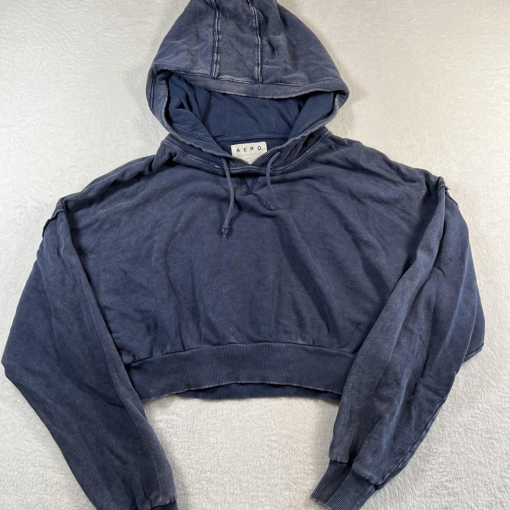 Aeropostale Hoodie Womens Large Blue Cropped Terry Pullover Crewneck Long Sleeve